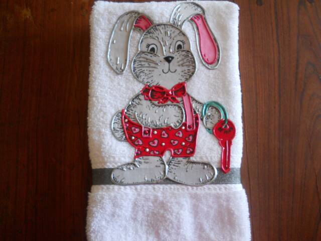 Appliqued Valentine Bunny Hand Towel Hand-Painted Cotton Kitchen/Bathroom Decor - image 1