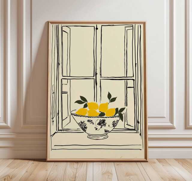 Lemon Still Life Print, Minimalist Line Drawing Art, Modern Kitchen Wall Decor, Yellow Fruit Poster, Scandinavian Home Artwork - image 1