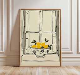 Lemon Still Life Print, Minimalist Line Drawing Art, Modern Kitchen Wall Decor, Yellow Fruit Poster, Scandinavian Home Artwork - thumbnail 1