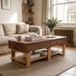 Black Walnut White Oak Coffee Table - Solid Wood With 4 Drawers & Storage Shelf - thumbnail 2