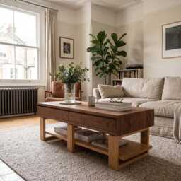 Black Walnut White Oak Coffee Table - Solid Wood With 4 Drawers & Storage Shelf - thumbnail 3