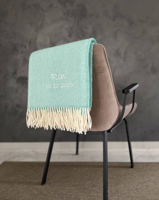 Personalised Wool Blanket/ Mint Green Wool Plaid/ Embroidered Blanket With Custom Name/ Couple Anniversary Gift/ Present For New Family - image 1