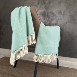 Personalised Wool Blanket/ Mint Green Wool Plaid/ Embroidered Blanket With Custom Name/ Couple Anniversary Gift/ Present For New Family - thumbnail 2