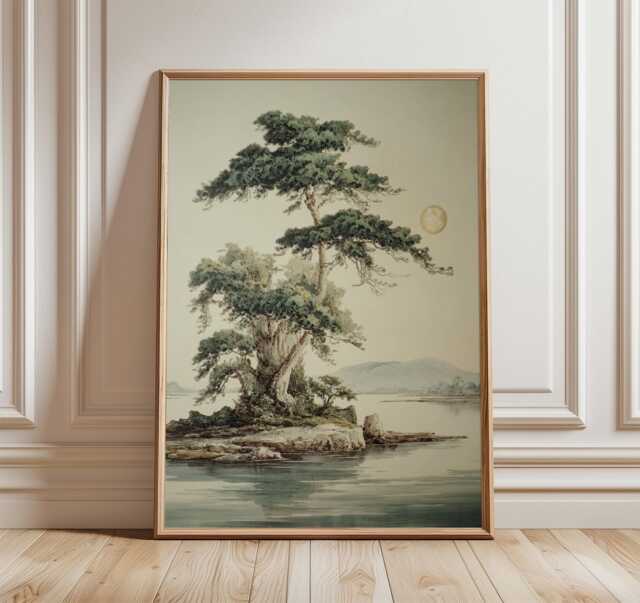 Japanese Pine Tree Wall Art - Serene Landscape Illustration Poster Vintage Nature Print - image 1