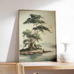 Japanese Pine Tree Wall Art - Serene Landscape Illustration Poster Vintage Nature Print - thumbnail 2
