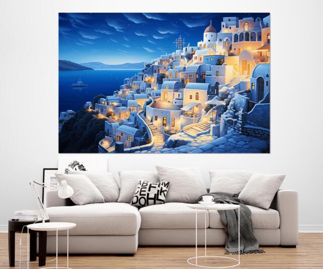 Abstract Santorini Painting Canvas Print, Greek Wall Art, Scenic Skyline, Poster, Framed & Ready To Hang - image 1