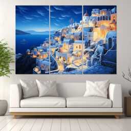 Abstract Santorini Painting Canvas Print, Greek Wall Art, Scenic Skyline, Poster, Framed & Ready To Hang - thumbnail 3