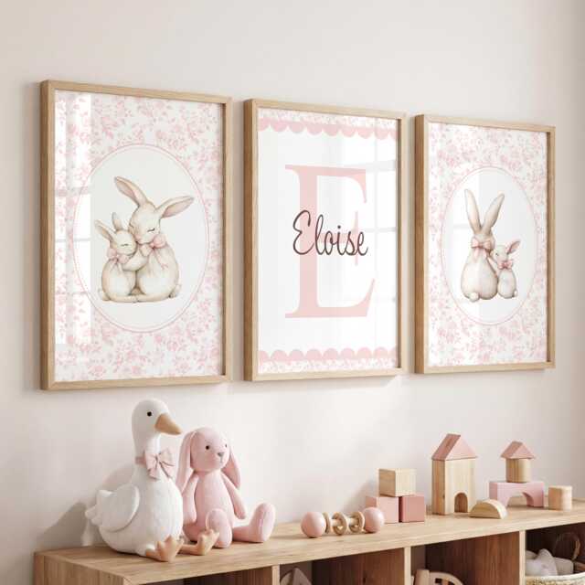 Personalised Girls Nursery Wall Art Set Of 3 Pink Vintage Bunny Prints - image 1