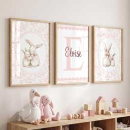 Personalised Girls Nursery Wall Art Set Of 3 Pink Vintage Bunny Prints - thumbnail 1