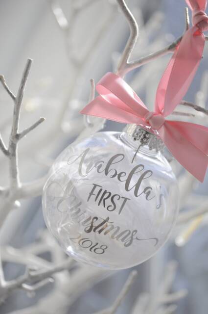 Personalised Baby's First Christmas Bauble, Gold Pink Ribbon - image 1