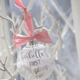 Personalised Baby's First Christmas Bauble, Gold Pink Ribbon - thumbnail 3