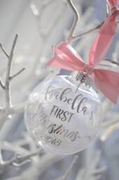 Personalised Baby's First Christmas Bauble, Gold Pink Ribbon - thumbnail 1