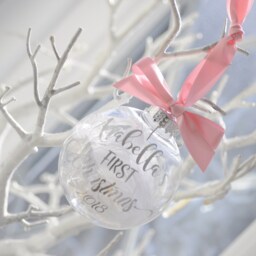 Personalised Baby's First Christmas Bauble, Gold Pink Ribbon - thumbnail 2