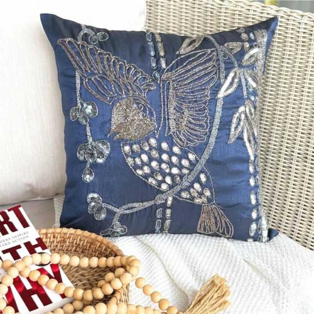 Navy Blue Bird Pillow Sham, 24x24/26x26 Art Silk Beaded Sequins, Contemporary Euro Sham - Birdy Flight - image 1