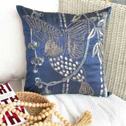 Navy Blue Bird Pillow Sham, 24x24/26x26 Art Silk Beaded Sequins, Contemporary Euro Sham - Birdy Flight - thumbnail 1