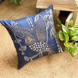 Navy Blue Bird Pillow Sham, 24x24/26x26 Art Silk Beaded Sequins, Contemporary Euro Sham - Birdy Flight - thumbnail 3