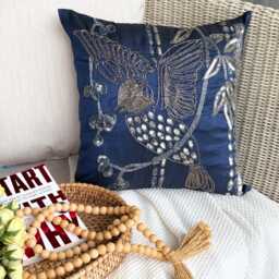 Navy Blue Bird Pillow Sham, 24x24/26x26 Art Silk Beaded Sequins, Contemporary Euro Sham - Birdy Flight - thumbnail 2