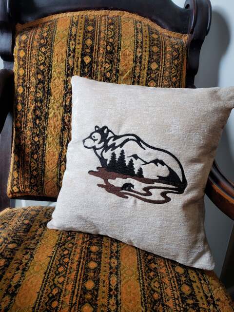 Bear Scene, Embroidered Pillow Cover, Rustic, Cabin Style, Throw Woodland - image 1