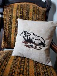 Bear Scene, Embroidered Pillow Cover, Rustic, Cabin Style, Throw Woodland - thumbnail 1