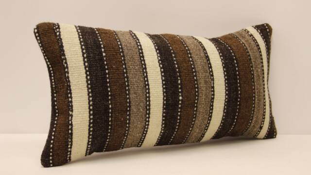 Vintage Turkish Kilim Lumbar Pillow - Wool Throw Cushion Cover - 10x20 In - image 1