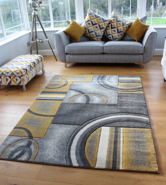 New Mustard Ochre Silver Grey Rugs Small Large Mats Modern Contemporary Design UK