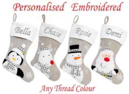 Personalised Christmas Stocking Deluxe Luxury Silver Stockings Xmas Gift Embroidered Name Children's Santa Sack Mums Dads Present His & Hers - thumbnail 1