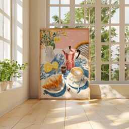 French Caf?? Breakfast Art Print - Coffee & Croissant Kitchen Wall Art, Vintage Espresso Poster, Sunny Morning Dining Room Decor - thumbnail 2