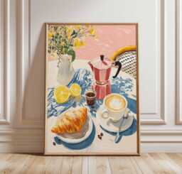 French Caf?? Breakfast Art Print - Coffee & Croissant Kitchen Wall Art, Vintage Espresso Poster, Sunny Morning Dining Room Decor - thumbnail 1