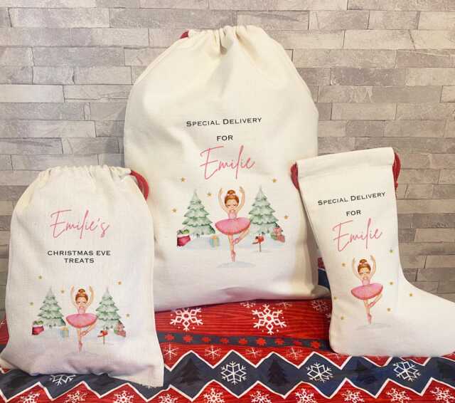 Personalised Santa Sack, Christmas Ballerina, First Gift, Eve Bag, Stocking Set, Xmas - image 1