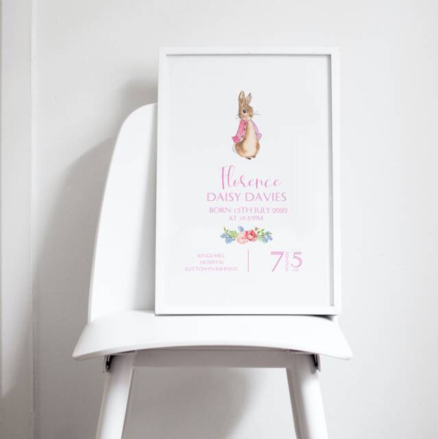 New Baby, Personalised Flopsy Bunny Nursery Print, Beatrix Potter Birth Details, Peter Rabbit Baby Gift, Announcement - image 1