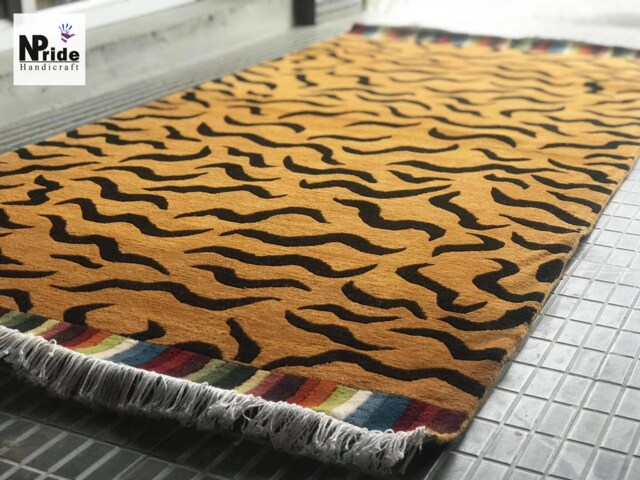 Tibetan Tiger Wool Rug Handknotted Yellow 3x6Ft Nepal - Buddhist Animal Print Meditation Carpet - image 1