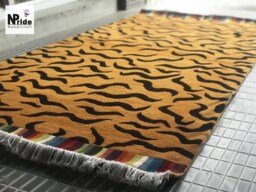 Tibetan Tiger Wool Rug Handknotted Yellow 3x6Ft Nepal - Buddhist Animal Print Meditation Carpet - thumbnail 1