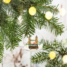 Magical London Taxi Snow Dome Glass Christmas Tree Hanging Bauble - Winter Wonderland Festive England Black Cab Tower Bridge Traditional - thumbnail 2