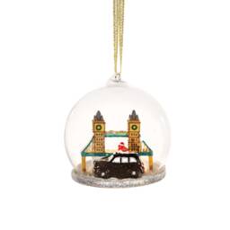 Magical London Taxi Snow Dome Glass Christmas Tree Hanging Bauble - Winter Wonderland Festive England Black Cab Tower Bridge Traditional - thumbnail 1
