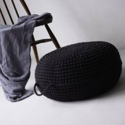 Black Crochet Pouffe Ottoman Scandinavian Footstool, Eco-Friendly Cotton - thumbnail 3