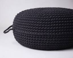 Black Crochet Pouffe Ottoman Scandinavian Footstool, Eco-Friendly Cotton
