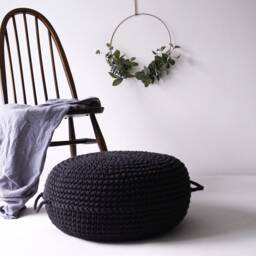 Black Crochet Pouffe Ottoman Scandinavian Footstool, Eco-Friendly Cotton - thumbnail 2