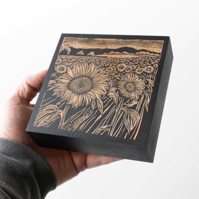 Kansas Sunflower Fields Engraved Wood Wall Art Panel - Linocut Block Print Style Art, State Illustration, Farm Country Decor Gift - image 1