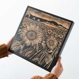 Kansas Sunflower Fields Engraved Wood Wall Art Panel - Linocut Block Print Style Art, State Illustration, Farm Country Decor Gift - thumbnail 3