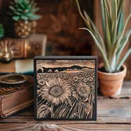 Kansas Sunflower Fields Engraved Wood Wall Art Panel - Linocut Block Print Style Art, State Illustration, Farm Country Decor Gift - thumbnail 2