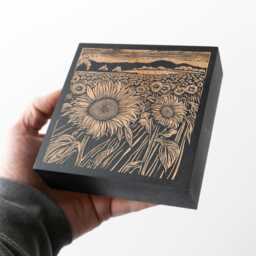 Kansas Sunflower Fields Engraved Wood Wall Art Panel - Linocut Block Print Style Art, State Illustration, Farm Country Decor Gift - thumbnail 1