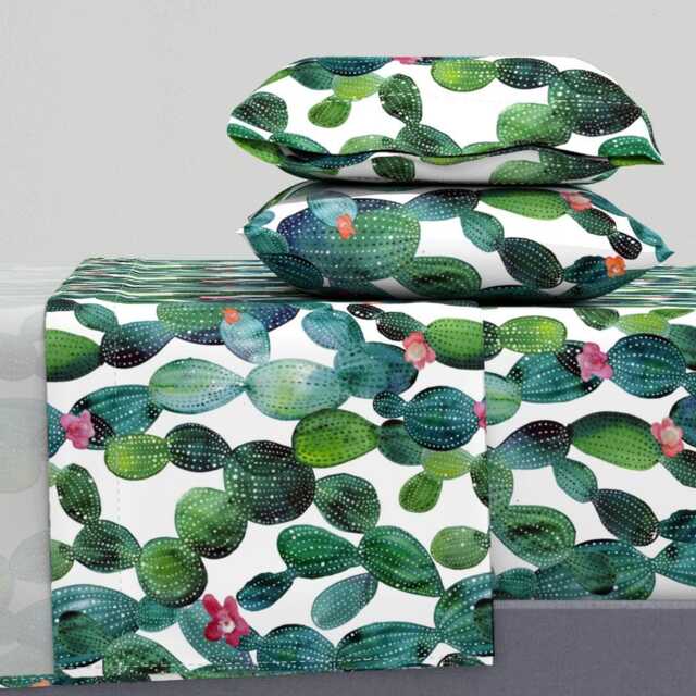 Watercolor Sheets - Boho Cactus By Tasiania Desert Floral Succulent Nature Cotton Sateen Sheet Set Bedding Spoonflower - image 1