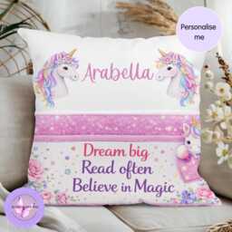 Personalised Unicorn Reading Cushion With Name, Girls Book Pillow Gift, Kids Pocket Cushion, Bedtime Story Holder, Magical Nursery Decor UK - thumbnail 1