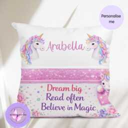 Personalised Unicorn Reading Cushion With Name, Girls Book Pillow Gift, Kids Pocket Cushion, Bedtime Story Holder, Magical Nursery Decor UK - thumbnail 2