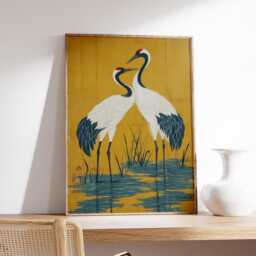 Crane Birds Poster, Yellow & Blue Japanese Art Print, Elegant Wall - thumbnail 2