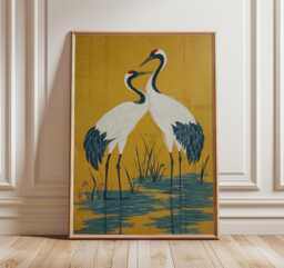 Crane Birds Poster, Yellow & Blue Japanese Art Print, Elegant Wall - thumbnail 1