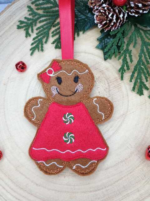 Felt Gingerbread Girl Hanging Decoration For Christmas Tree - Personalised Holiday Decoration Gift With Custom Dress, Bow & Buttons - image 1