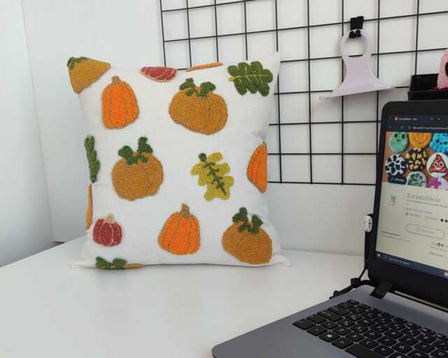 Hand Tufted Fall Pillow Cover Pumpkin Floral Linen Decor - 16x16 - Tax, Duty Paid/Ddp Usa - image 1