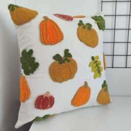 Hand Tufted Fall Pillow Cover Pumpkin Floral Linen Decor - 16x16 - Tax, Duty Paid/Ddp Usa - thumbnail 2
