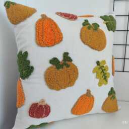 Hand Tufted Fall Pillow Cover Pumpkin Floral Linen Decor - 16x16 - Tax, Duty Paid/Ddp Usa - thumbnail 3